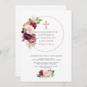 Burgundy Bloemen Roze Goud 1e Verjaardag & Doopfee Kaart (Voorkant / Achterkant)