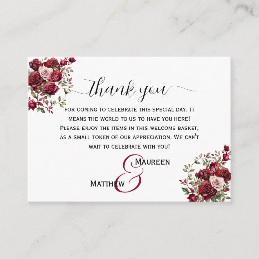 Burgundy Bloemen Welkomst Cadeautas Mandje Plaatsk Informatiekaartje (Voorkant)