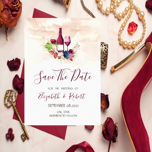 Burgundy Bloemen Wijnproeverij  Aquarel  Save The Date