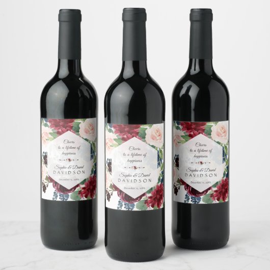 Burgundy Bloemen Zeshoekig Frame Bruiloft Wijn Etiket (Flessen)