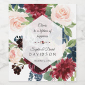 Burgundy Bloemen Zeshoekig Frame Bruiloft Wijn Etiket (Enkel label)