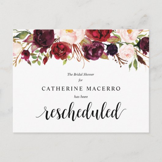 Burgundy Bloemen, Zwart, Bruidsfeest Uitgesteld Briefkaart (Voorkant)