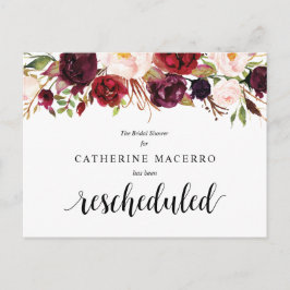 Burgundy Bloemen, Zwart, Bruiloftsfeest Uitgesteld Briefkaart