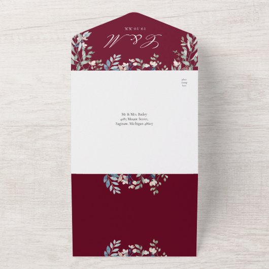 Burgundy Bloemengroen QR-code Trouwfeest All In One Uitnodiging (Buitenkant)