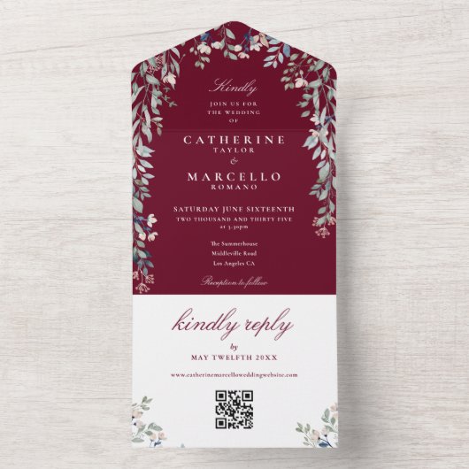 Burgundy Bloemengroen QR-code Trouwfeest All In One Uitnodiging (Binnen)