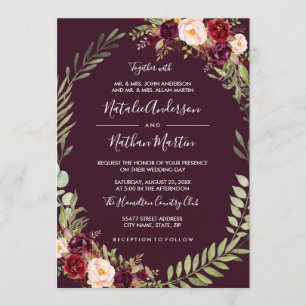 Burgundy Bloemenkrans Watercolor Frame Bruiloft Kaart