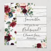 Burgundy Bloemige Elegante Rustieke Word Mijn Brui Kaart (Voorkant / Achterkant)