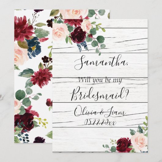 Burgundy Bloemige Elegante Rustieke Word Mijn Brui Kaart (Voorkant / Achterkant)