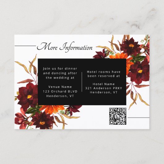 Burgundy Bloemige Herfst Bruiloft Details QR Code Informatiekaartje (Voorkant)
