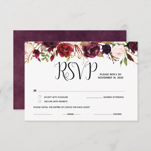 Burgundy bloemige RSVP, reactie, antwoordkaarten Informatiekaartje (Voorkant / Achterkant)