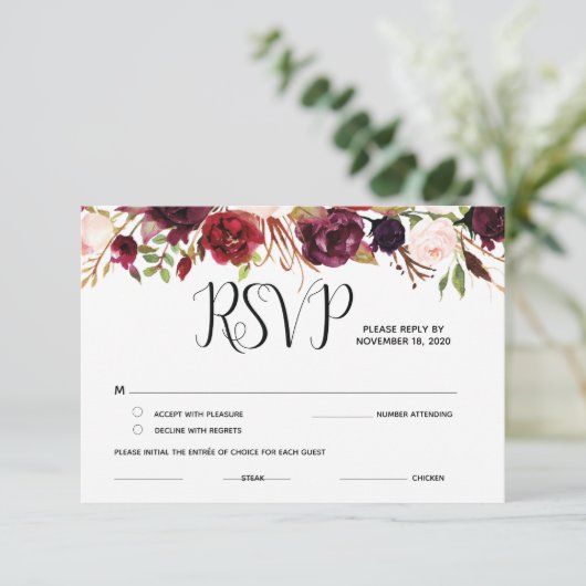 Burgundy bloemige RSVP, reactie, antwoordkaarten Informatiekaartje (Staand voorkant)