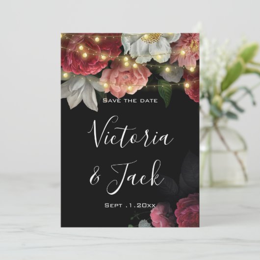 Burgundy Bloemrijke Rustieke slinger lichtjes save Kaart (Staand voorkant)