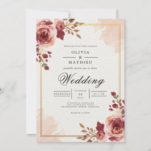 Burgundy Bloom Archway Wedding Kaart (Voorkant)