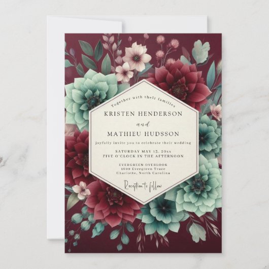 Burgundy Bloom Assemblage Wedding Kaart (Voorkant)