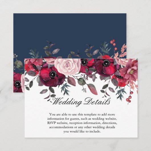 Burgundy Bloom Blush Blue Floral Wedding Informatiekaartje (Voorkant / Achterkant)