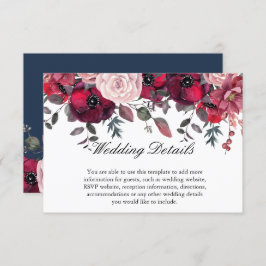 Burgundy Bloom Blush Blue Floral Wedding Informatiekaartje