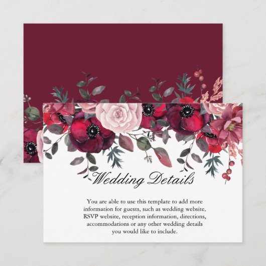 Burgundy Bloom Blush Blue Floral Wedding Informatiekaartje (Voorkant / Achterkant)