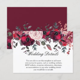 Burgundy Bloom Blush Blue Floral Wedding Informatiekaartje