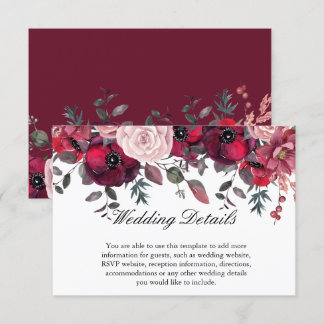 Burgundy Bloom Blush Blue Floral Wedding Informatiekaartje