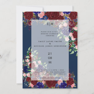 Burgundy Bloom Boho Blue Pink Rose Wedding Overlay Kaart