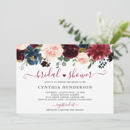 Burgundy Bloom Floral Navy Blue Vrijgezellenfeest Kaart (Staand voorkant)