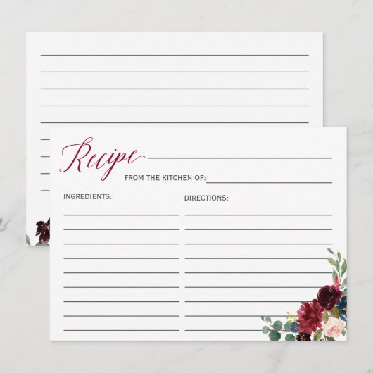 Burgundy Bloom Floral Vrijgezellenfeest Recipe Kaa Informatiekaartje (Voorkant / Achterkant)