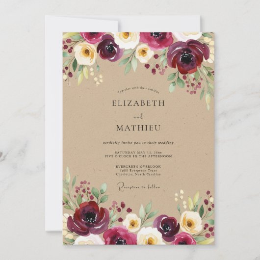 Burgundy Bloom Meadow Wedding Kaart (Voorkant)