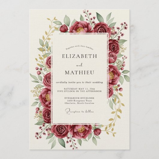 Burgundy Bloom Romance Wedding Kaart (Voorkant)