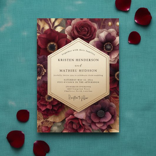 Burgundy Bloom Romantic Wedding Kaart