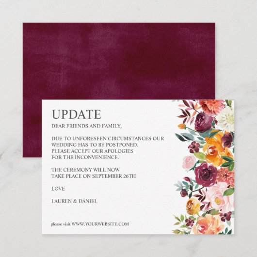 Burgundy Bloom | Rustige botanische WEDDING-UPDATE Kaart (Voorkant / Achterkant)