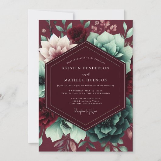 Burgundy Bloom Whimsical Wedding Kaart (Voorkant)