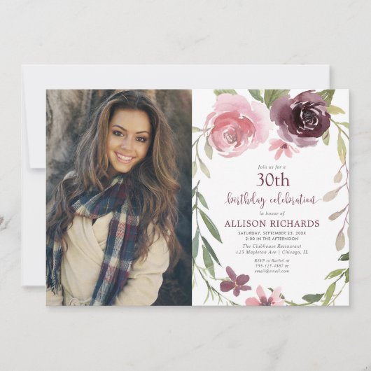Burgundy blos bloemige verjaardagsfoto voor volwas kaart (Voorkant)