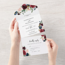 Burgundy Blossom Greenery Leaves Weddenschap met R All In One Uitnodiging