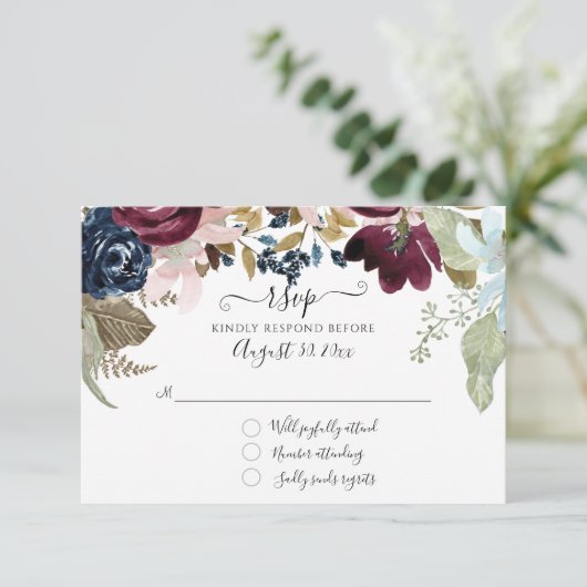 Burgundy Blozen Bloem Navy Elegante Trouw Foliage RSVP Kaartje (Staand voorkant)