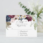 Burgundy Blozen Bloemendekor Navy Elegante Trouw F RSVP Kaartje (Staand voorkant)