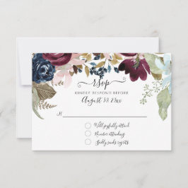Burgundy Blozen Bloemendekor Navy Elegante Trouwbl RSVP Kaartje