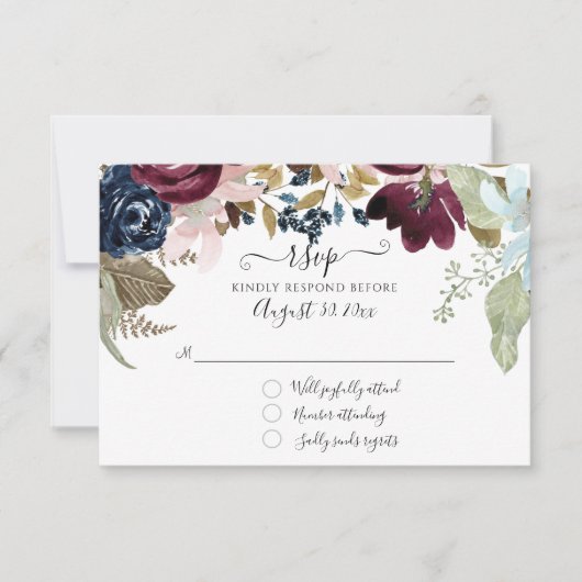 Burgundy Blozen Bloemendesign Navy Elegante Trouwf RSVP Kaartje (Voorkant)