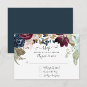 Burgundy Blozen Bloemendesign Navy Elegante Trouwf RSVP Kaartje (Voorkant / Achterkant)