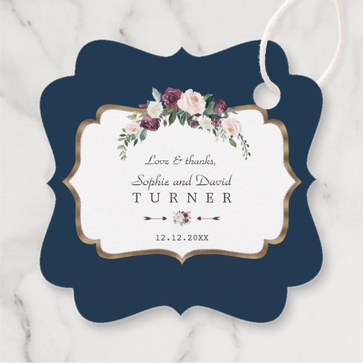 Burgundy Blozen Ivoor Bloem Goud Navyblauw Trouwen Bedankjes Labels (Achterkant)
