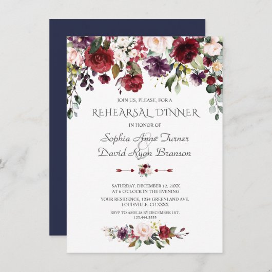 Burgundy Blozende Bloemen Marineblauwe Oefenavondm Kaart (Voorkant / Achterkant)