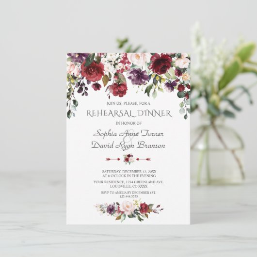 Burgundy Blozende Bloemen Marineblauwe Oefenavondm Kaart (Staand voorkant)