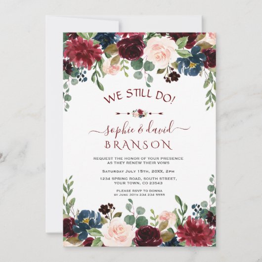 Burgundy Blue Blush Floral Calligraphy die we nog  Kaart (Voorkant)