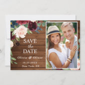 Burgundy Blue Blush Rustic PHOTO Floral Wedding Save The Date (Voorkant)