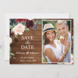 Burgundy Blue Blush Rustic PHOTO Floral Wedding Save The Date