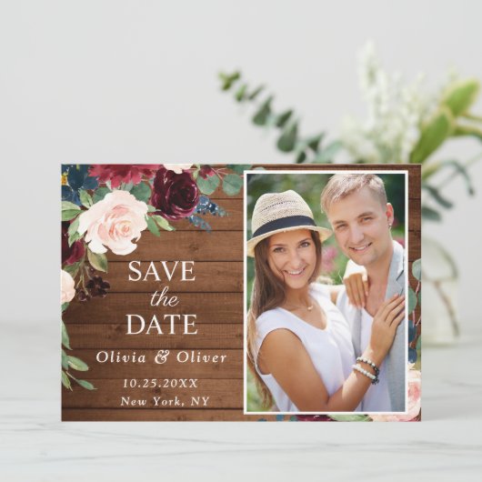 Burgundy Blue Blush Rustic PHOTO Floral Wedding Save The Date (Staand voorkant)