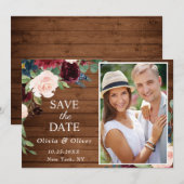Burgundy Blue Blush Rustic PHOTO Floral Wedding Save The Date (Voorkant / Achterkant)