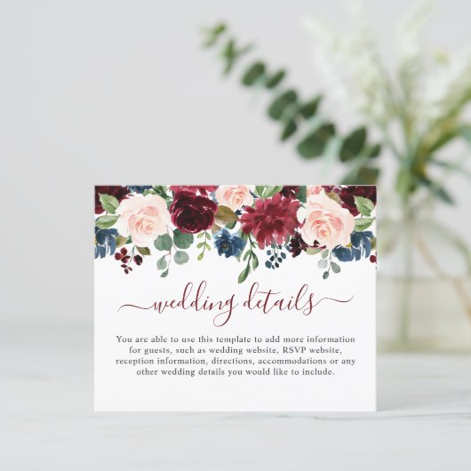 Burgundy Blue Blush Wedding Details Enclosure Kaar (Staand voorkant)