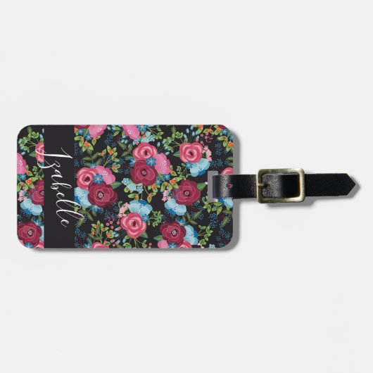 Burgundy Blue Bouquets Pattern - Naam Adres Bagagelabel (Voorkant horizontaal)