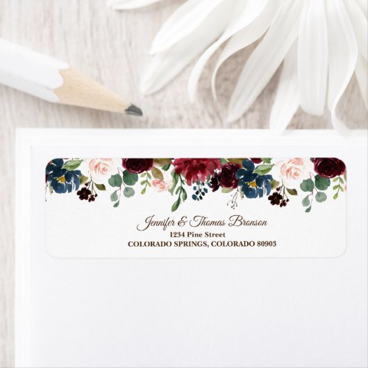 Burgundy & Blue English Flowers Return Address Etiket (Insitu)