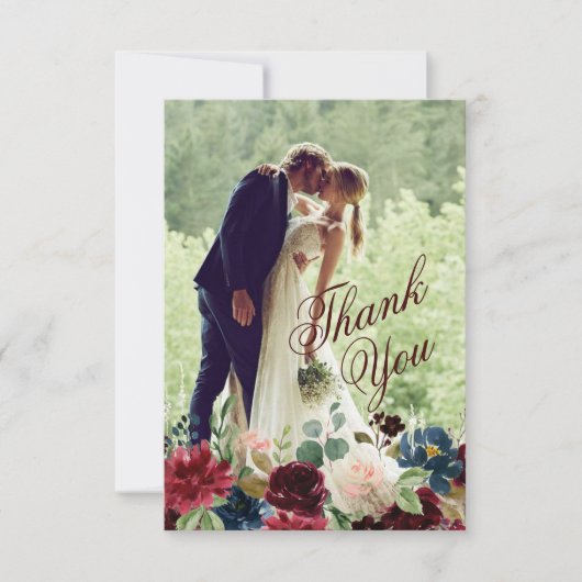 Burgundy & Blue English Flowers Weddenschap Bedank (Voorkant)